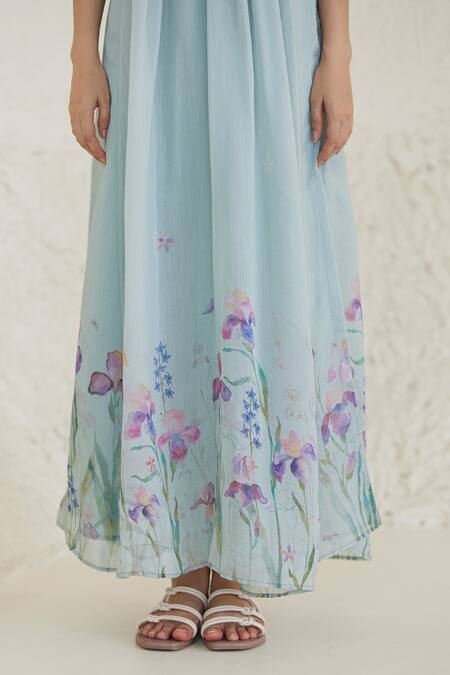 Surmaye Blue Cotton, Silk, Modal V-neck Playful Surprises Flower Print Dress at Aza Fashions Surmaye_Blue Cotton, Silk, Modal V-neck Playful Surprises Flower Print Dress _at_Aza_Fashions