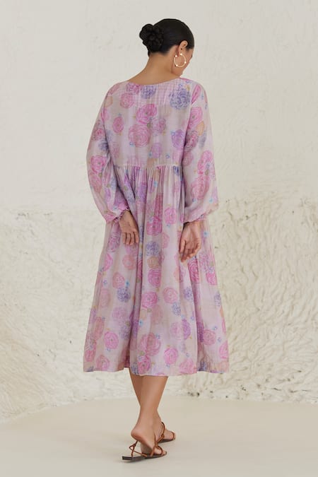 Surmaye Pink Cotton, Silk Round Neck Dreamy Floral Print Dress Online at Aza Fashions Surmaye_Pink Cotton, Silk Round Neck Dreamy Floral Print Dress _Online_at_Aza_Fashions