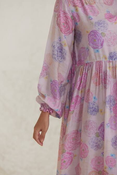 Buy Surmaye Pink Cotton, Silk Round Neck Dreamy Floral Print Dress Online at Aza Fashions Buy_Surmaye_Pink Cotton, Silk Round Neck Dreamy Floral Print Dress _Online_at_Aza_Fashions