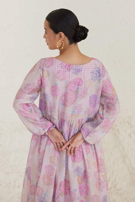 Shop Surmaye Pink Cotton, Silk Round Neck Dreamy Floral Print Dress Online at Aza Fashions Shop_Surmaye_Pink Cotton, Silk Round Neck Dreamy Floral Print Dress _Online_at_Aza_Fashions
