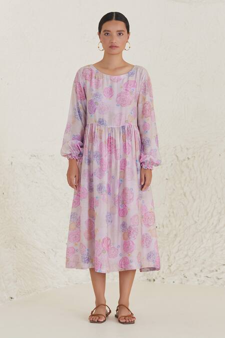 Surmaye Pink Cotton, Silk Round Neck Dreamy Floral Print Dress at Aza Fashions Surmaye_Pink Cotton, Silk Round Neck Dreamy Floral Print Dress _at_Aza_Fashions