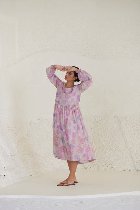 Buy Surmaye Pink Cotton, Silk Round Neck Dreamy Floral Print Dress Buy_Surmaye_Pink Cotton, Silk Round Neck Dreamy Floral Print Dress