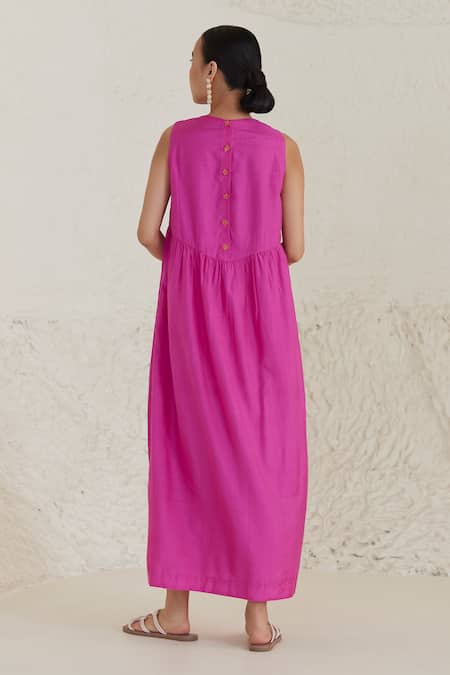 Surmaye Pink Cotton, Silk Round Neck Eternal Ties Pleated Handwoven Dress Online at Aza Fashions Surmaye_Pink Cotton, Silk Round Neck Eternal Ties Pleated Handwoven Dress _Online_at_Aza_Fashions