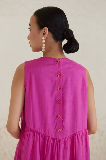 Buy Surmaye Pink Cotton, Silk Round Neck Eternal Ties Pleated Handwoven Dress Online at Aza Fashions Buy_Surmaye_Pink Cotton, Silk Round Neck Eternal Ties Pleated Handwoven Dress _Online_at_Aza_Fashions