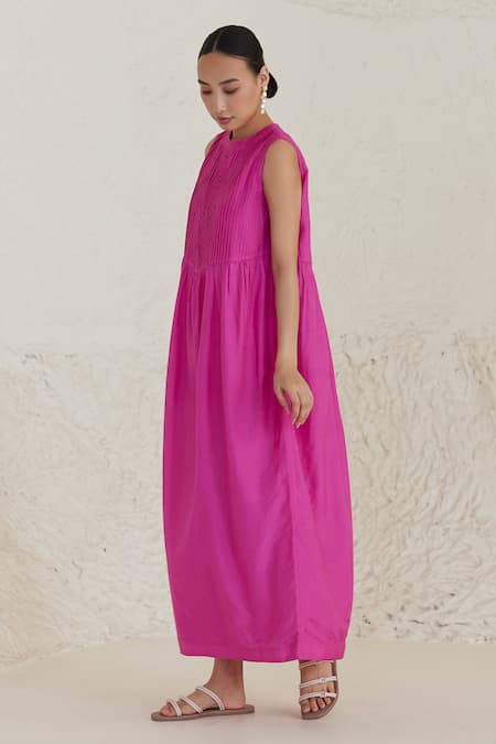 Shop Surmaye Pink Cotton, Silk Round Neck Eternal Ties Pleated Handwoven Dress Online at Aza Fashions Shop_Surmaye_Pink Cotton, Silk Round Neck Eternal Ties Pleated Handwoven Dress _Online_at_Aza_Fashions