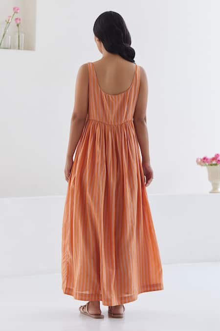 Shop Surmaye Orange Silk, Modal Square Neck In Stripe Woven Dress at Aza Fashions Shop_Surmaye_Orange Silk, Modal Square Neck In Stripe Woven Dress _at_Aza_Fashions