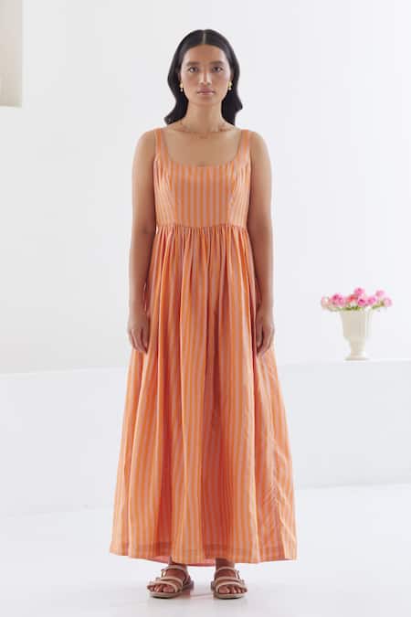 Surmaye Orange Silk, Modal Square Neck In Stripe Woven Dress Online at Aza Fashions Surmaye_Orange Silk, Modal Square Neck In Stripe Woven Dress _Online_at_Aza_Fashions