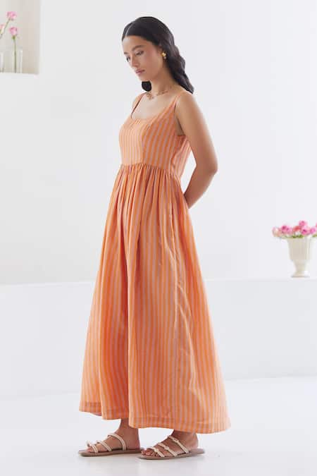 Buy Surmaye Orange Silk, Modal Square Neck In Stripe Woven Dress Online at Aza Fashions Buy_Surmaye_Orange Silk, Modal Square Neck In Stripe Woven Dress _Online_at_Aza_Fashions
