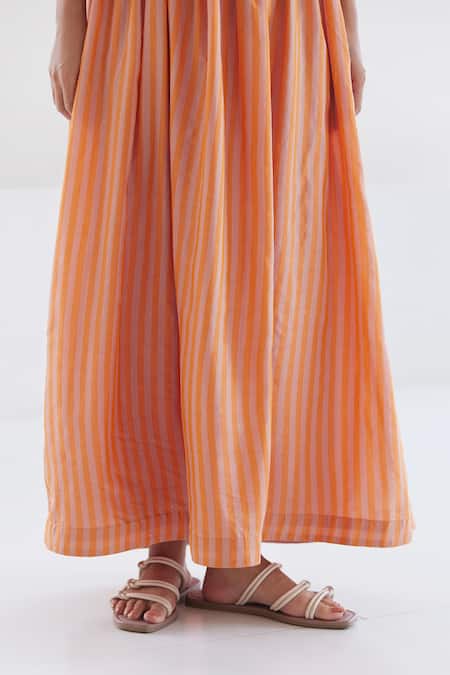 Shop Surmaye Orange Silk, Modal Square Neck In Stripe Woven Dress Online at Aza Fashions Shop_Surmaye_Orange Silk, Modal Square Neck In Stripe Woven Dress _Online_at_Aza_Fashions