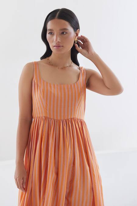 Surmaye Orange Silk, Modal Square Neck In Stripe Woven Dress at Aza Fashions Surmaye_Orange Silk, Modal Square Neck In Stripe Woven Dress _at_Aza_Fashions