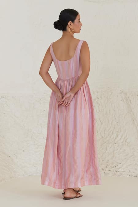 Shop Surmaye Pink Silk, Modal Square Neck In Stripe Pattern Dress at Aza Fashions Shop_Surmaye_Pink Silk, Modal Square Neck In Stripe Pattern Dress _at_Aza_Fashions