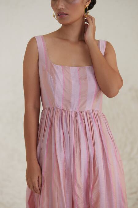 Surmaye Pink Silk, Modal Square Neck In Stripe Pattern Dress Online at Aza Fashions Surmaye_Pink Silk, Modal Square Neck In Stripe Pattern Dress _Online_at_Aza_Fashions