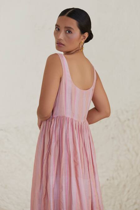 Buy Surmaye Pink Silk, Modal Square Neck In Stripe Pattern Dress Online at Aza Fashions Buy_Surmaye_Pink Silk, Modal Square Neck In Stripe Pattern Dress _Online_at_Aza_Fashions