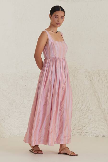 Shop Surmaye Pink Silk, Modal Square Neck In Stripe Pattern Dress Online at Aza Fashions Shop_Surmaye_Pink Silk, Modal Square Neck In Stripe Pattern Dress _Online_at_Aza_Fashions