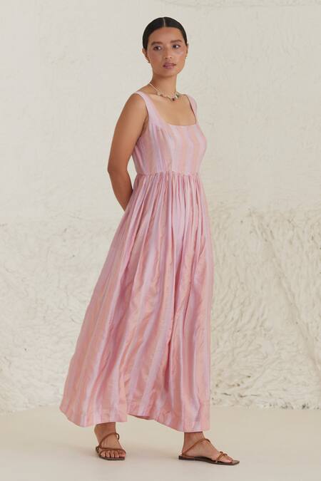 Surmaye Pink Silk, Modal Square Neck In Stripe Pattern Dress at Aza Fashions Surmaye_Pink Silk, Modal Square Neck In Stripe Pattern Dress _at_Aza_Fashions