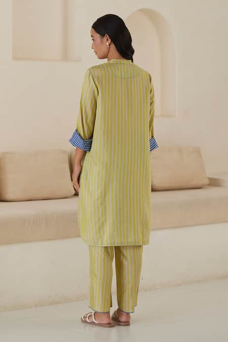 Surmaye Green Handloom Cotton, Silk, Endless Laughter Stripe Woven Kurta And Pant Set Online at Aza Fashions Surmaye_Green Handloom Cotton, Silk, Endless Laughter Stripe Woven Kurta And Pant Set _Online_at_Aza_Fashions