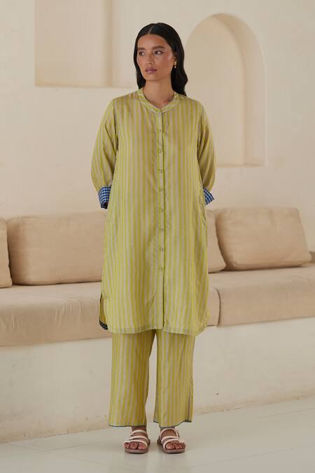 Surmaye Green Handloom Cotton, Silk, Endless Laughter Stripe Woven Kurta And Pant Set at Aza Fashions Surmaye_Green Handloom Cotton, Silk, Endless Laughter Stripe Woven Kurta And Pant Set _at_Aza_Fashions