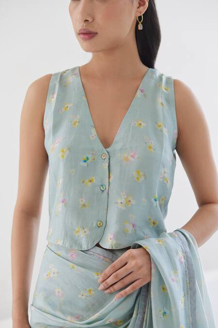 Surmaye Blue Silk Sisterhood Sonnet Printed Blouse Online at Aza Fashions Surmaye_Blue Silk Sisterhood Sonnet Printed Blouse _Online_at_Aza_Fashions