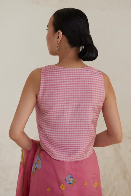 Surmaye Pink Silk, Modal Sisterhood Sonnet Gingham Handwoven Blouse Online at Aza Fashions Surmaye_Pink Silk, Modal Sisterhood Sonnet Gingham Handwoven Blouse _Online_at_Aza_Fashions