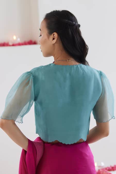 Surmaye Blue Silk Embroidery Fleeting Moments Scallop Border Blouse Online at Aza Fashions Surmaye_Blue Silk Embroidery Fleeting Moments Scallop Border Blouse _Online_at_Aza_Fashions