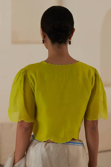 Surmaye Green Silk Embroidery V-neck Fleeting Moments V Blouse Online at Aza Fashions Surmaye_Green Silk Embroidery V-neck Fleeting Moments V Blouse _Online_at_Aza_Fashions