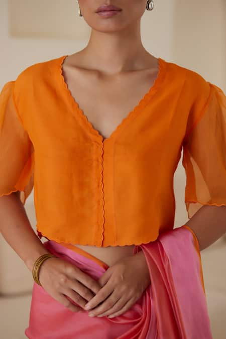 Surmaye Orange Handloom Cotton Embroidery Scoop Neck Fleeting Moments Plain Blouse Online at Aza Fashions Surmaye_Orange Handloom Cotton Embroidery Scoop Neck Fleeting Moments Plain Blouse _Online_at_Aza_Fashions
