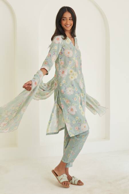 Shop Surmaye Green Handloom Cotton Embroidery V-neck Bliss Printed Kurta And Pant Set Online at Aza Fashions Shop_Surmaye_Green Handloom Cotton Embroidery V-neck Bliss Printed Kurta And Pant Set _Online_at_Aza_Fashions