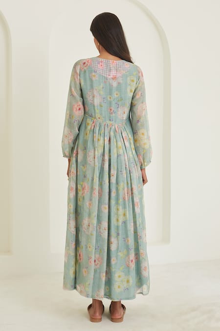 Surmaye Green Chanderi V-neck Gratitude Handpainted Floral Pattern Dress Online at Aza Fashions Surmaye_Green Chanderi V-neck Gratitude Handpainted Floral Pattern Dress _Online_at_Aza_Fashions