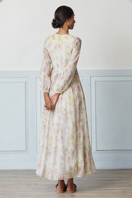 Shop Surmaye Ivory Chanderi V-neck Gratitude Floral Handpainted Dress at Aza Fashions Shop_Surmaye_Ivory Chanderi V-neck Gratitude Floral Handpainted Dress _at_Aza_Fashions