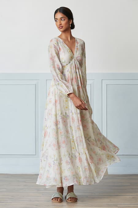 Surmaye Ivory Chanderi V-neck Gratitude Floral Handpainted Dress Online at Aza Fashions Surmaye_Ivory Chanderi V-neck Gratitude Floral Handpainted Dress _Online_at_Aza_Fashions