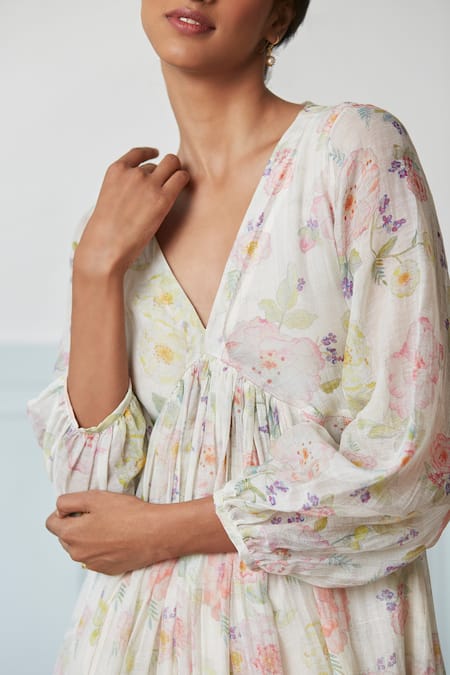 Buy Surmaye Ivory Chanderi V-neck Gratitude Floral Handpainted Dress Online at Aza Fashions Buy_Surmaye_Ivory Chanderi V-neck Gratitude Floral Handpainted Dress _Online_at_Aza_Fashions