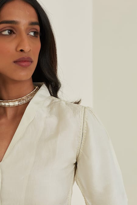 Surmaye Ivory Silk Shawl Neck Panache Solid Blouse Online at Aza Fashions Surmaye_Ivory Silk Shawl Neck Panache Solid Blouse _Online_at_Aza_Fashions
