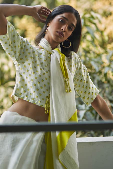 Surmaye Ivory Silk Embroidery Round Neck Calm Rose Print Blouse Online at Aza Fashions Surmaye_Ivory Silk Embroidery Round Neck Calm Rose Print Blouse _Online_at_Aza_Fashions