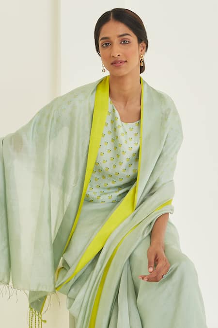 Surmaye Green Handloom Cotton Embroidery Round Neck Rose Print Blouse Online at Aza Fashions Surmaye_Green Handloom Cotton Embroidery Round Neck Rose Print Blouse _Online_at_Aza_Fashions