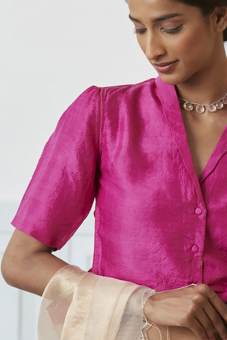 Surmaye Pink Handloom Cotton Shawl Neck Panache Plain Blouse Online at Aza Fashions Surmaye_Pink Handloom Cotton Shawl Neck Panache Plain Blouse _Online_at_Aza_Fashions