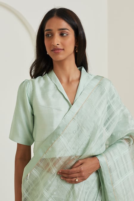 Surmaye Green Shawl Neck Plain Blouse Online at Aza Fashions Surmaye_Green Shawl Neck Plain Blouse _Online_at_Aza_Fashions
