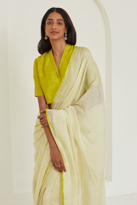 Surmaye Yellow Silk Shawl Neck Mulberry Blouse Online at Aza Fashions Surmaye_Yellow Silk Shawl Neck Mulberry Blouse _Online_at_Aza_Fashions