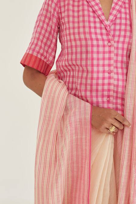 Buy_Surmaye_Pink Handwoven Handloom Cotton Silk Checks Notch Gingham Checkered Shirt Blouse _Online_at_Aza_Fashions