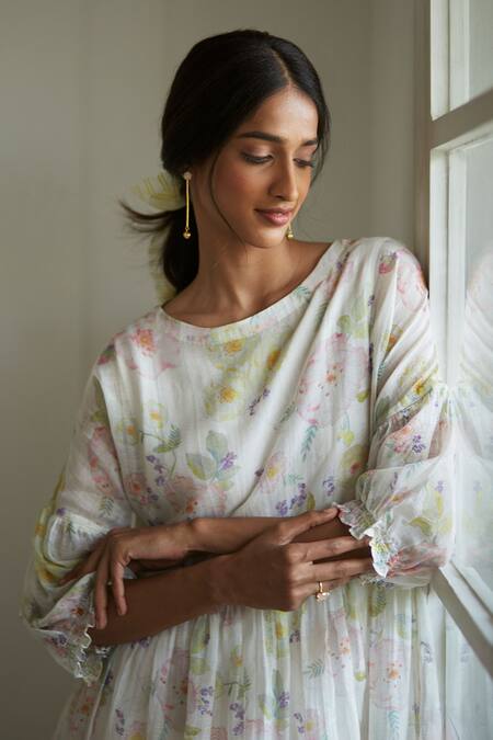 Shop Surmaye Ivory Joy Floral Pattern Midi Dress Online at Aza Fashions Shop_Surmaye_Ivory Joy Floral Pattern Midi Dress _Online_at_Aza_Fashions