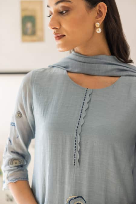 Vaayu Blue Muslin, Cotton Cut Work, Tassels Round Floral Thread Embroidered Kurta Set at Aza Fashions Vaayu_Blue Muslin, Cotton Cut Work, Tassels Round Floral Thread Embroidered Kurta Set _at_Aza_Fashions