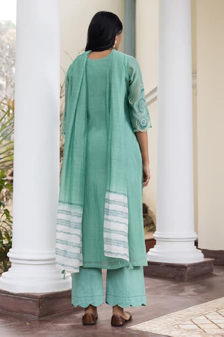Vaayu Green Muslin, Cotton Embroidery, Tassels Round Neck, Floral Thread Kurta Set Online at Aza Fashions Vaayu_Green Muslin, Cotton Embroidery, Tassels Round Neck, Floral Thread Kurta Set _Online_at_Aza_Fashions