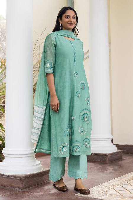 Buy Vaayu Green Muslin, Cotton Embroidery, Tassels Round Neck, Floral Thread Kurta Set Online at Aza Fashions Buy_Vaayu_Green Muslin, Cotton Embroidery, Tassels Round Neck, Floral Thread Kurta Set _Online_at_Aza_Fashions