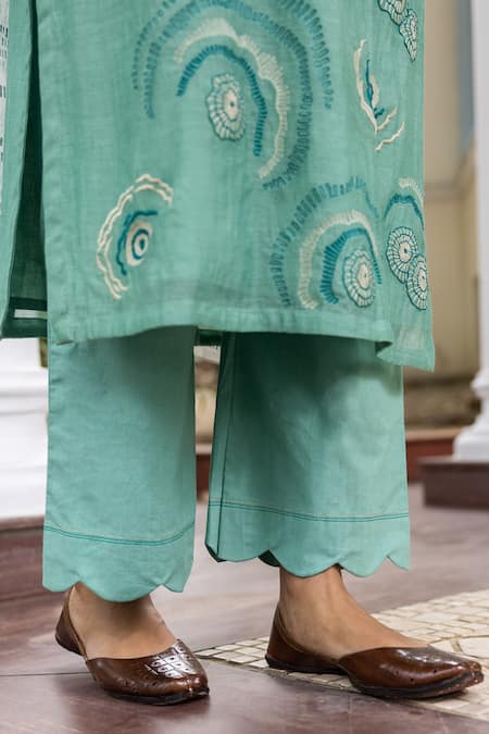 Shop Vaayu Green Muslin, Cotton Embroidery, Tassels Round Neck, Floral Thread Kurta Set Online at Aza Fashions Shop_Vaayu_Green Muslin, Cotton Embroidery, Tassels Round Neck, Floral Thread Kurta Set _Online_at_Aza_Fashions
