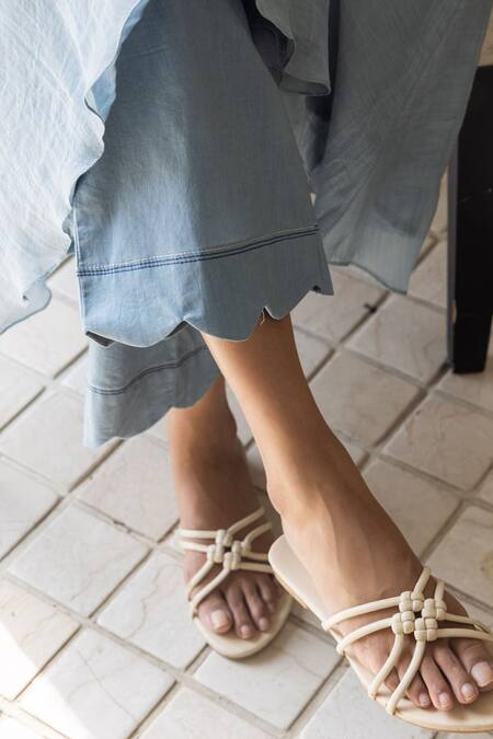 Vaayu_Blue Muslin, Cotton Embroidery Round Neck A-line Kurta And Pant Set_Online_at_Aza_Fashions