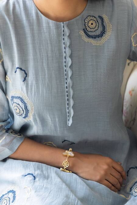 Buy_Vaayu_Blue Muslin, Cotton Embroidery Round Neck A-line Kurta And Pant Set_Online_at_Aza_Fashions