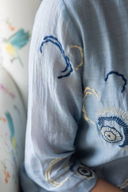 Shop_Vaayu_Blue Muslin, Cotton Embroidery Round Neck A-line Kurta And Pant Set_Online_at_Aza_Fashions