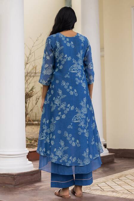 Shop Vaayu Blue Muslin, Cotton Embroidery Round Neck Printed Layered Kurta And Pant Set at Aza Fashions Shop_Vaayu_Blue Muslin, Cotton Embroidery Round Neck Printed Layered Kurta And Pant Set_at_Aza_Fashions