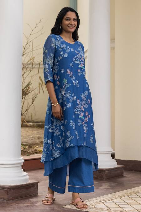 Vaayu Blue Muslin, Cotton Embroidery Round Neck Printed Layered Kurta And Pant Set Online at Aza Fashions Vaayu_Blue Muslin, Cotton Embroidery Round Neck Printed Layered Kurta And Pant Set_Online_at_Aza_Fashions