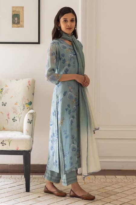 Vaayu_Blue Muslin, Cotton Embroidery, Tassels Round Neck Summer Bloom Print Kurta Set_Online_at_Aza_Fashions