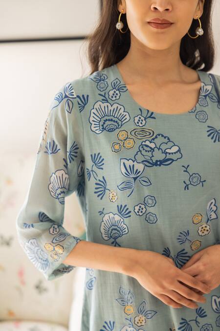 Shop_Vaayu_Blue Muslin, Cotton Embroidery, Tassels Round Neck Summer Bloom Print Kurta Set_Online_at_Aza_Fashions